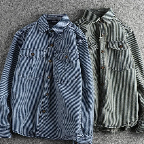 Garngefärbt Streifen Stoff gewaschen Retro Workwear Jeanshemd Herren Freizeithemd - - Bild 5 von 21