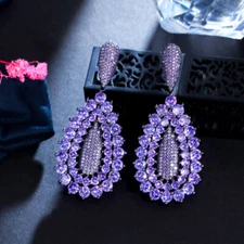 Elegant Round Purple CZ Long Dangle Bridal Earrings for Women Black Gold Jewelry