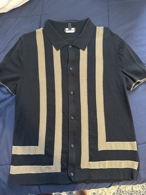 Express Men's Geometric Knit Short Sleeve Button-Up Shirt Black Beige Size L