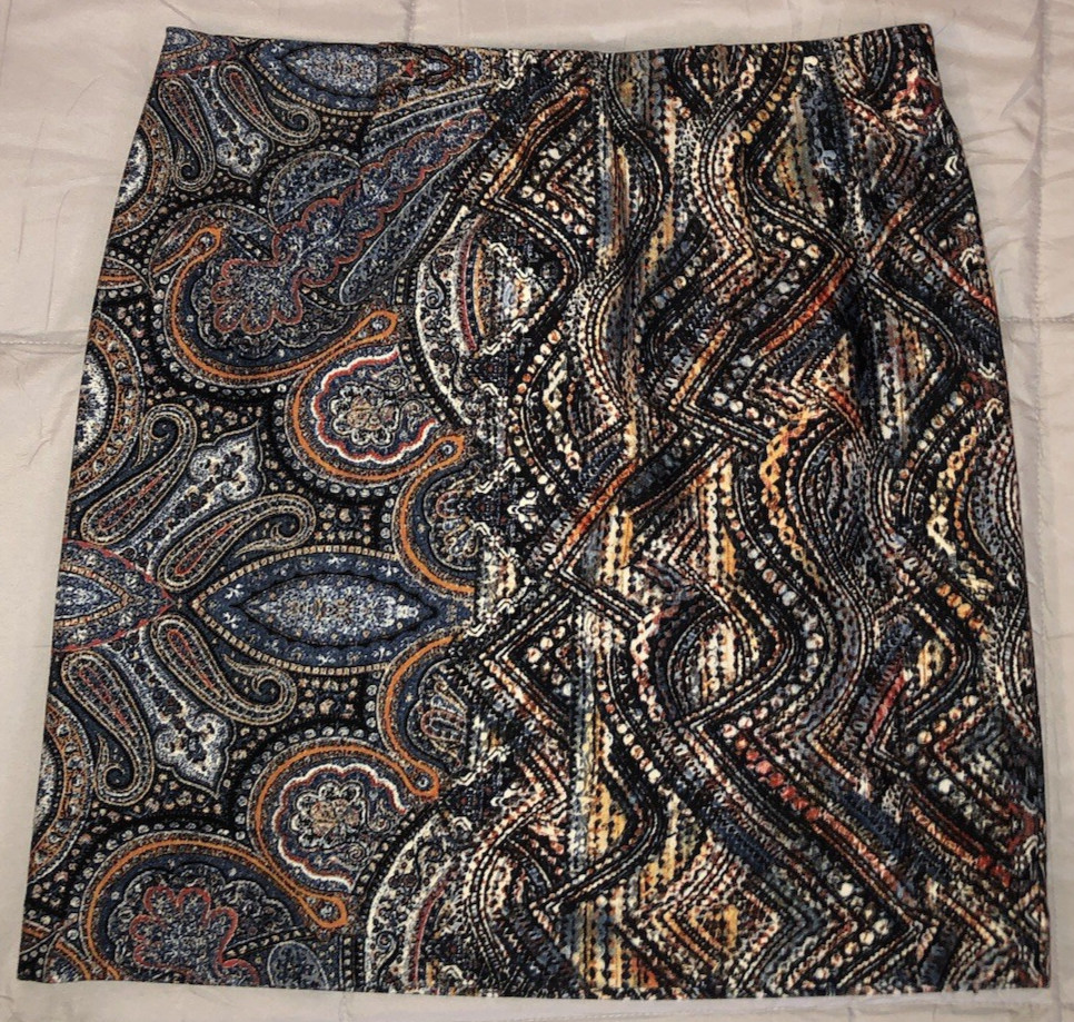 J. Jill Ponto Pencil Skirt Size MP Blue Paisley Stretch Knee Length