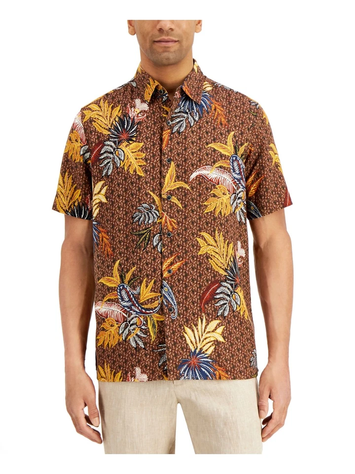 Camisa de seda con botones calce clásico estampada marrón con cuello TASSO ELBA para hombre S Foto 2 de 3