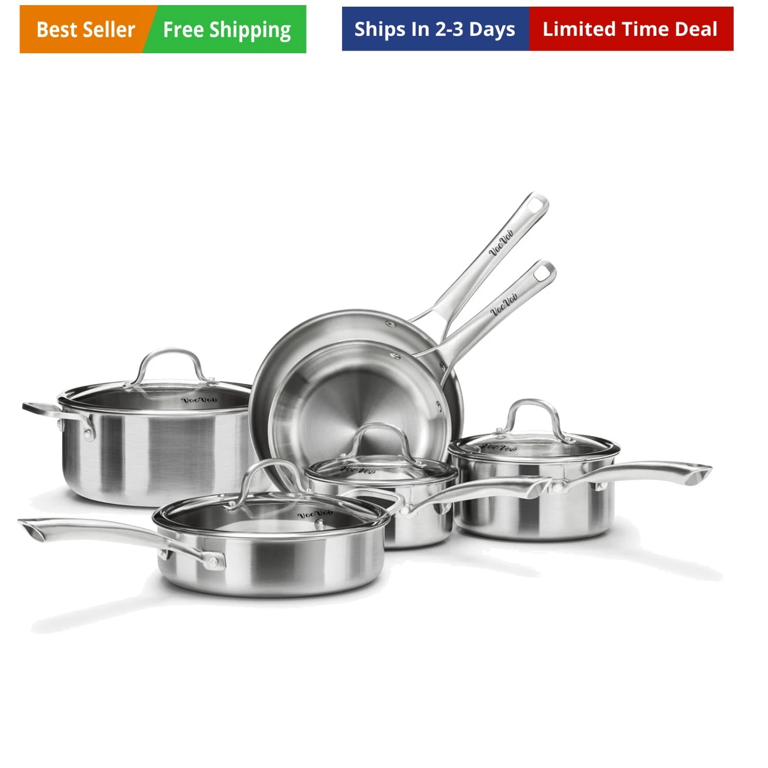 Stainless Steel Cookware Set,Tir-Ply Pots and Pans Set,10 Pcs Stainless Steel...