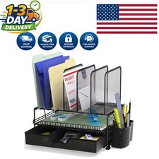 Elegant Black Mesh Desk Organizer with Sliding Drawer  Double Tray - 5 Sections