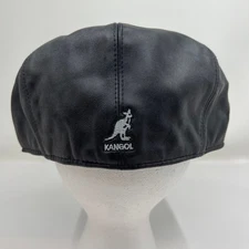 KANGOL Plain Leather Geez Flat Cap Hat X/Large Black Embroidered Kangaroo Logo