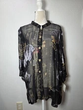 Citron Santa Monica Bird Asian Inspired Shear Silk Button Down  Blouse 2X Vtg 