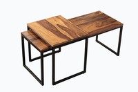 Couchtisch 2Er Set 100X40 Cm + 50X40 Cm Sheesham Holz Metall Tisch Wohnzimmer