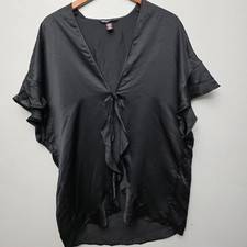 Victoria's Secret Kimono Robe Women One Size Black Satin Ruffle Tie Glam Classic