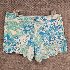 Lilly Pulitzer Buttercup Scalloped Shorts Blue Green Floral Starfish Cotton 14