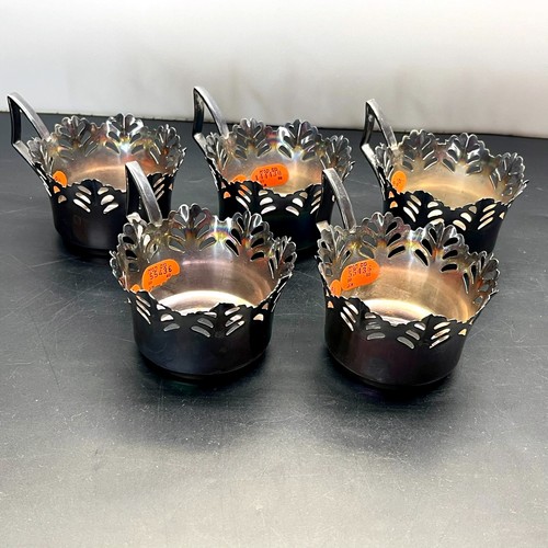 Set of 5 Vintage Silver Plated Tea Cup Holders Podstakannik Openwork Leaf Israel - Picture 5 of 24