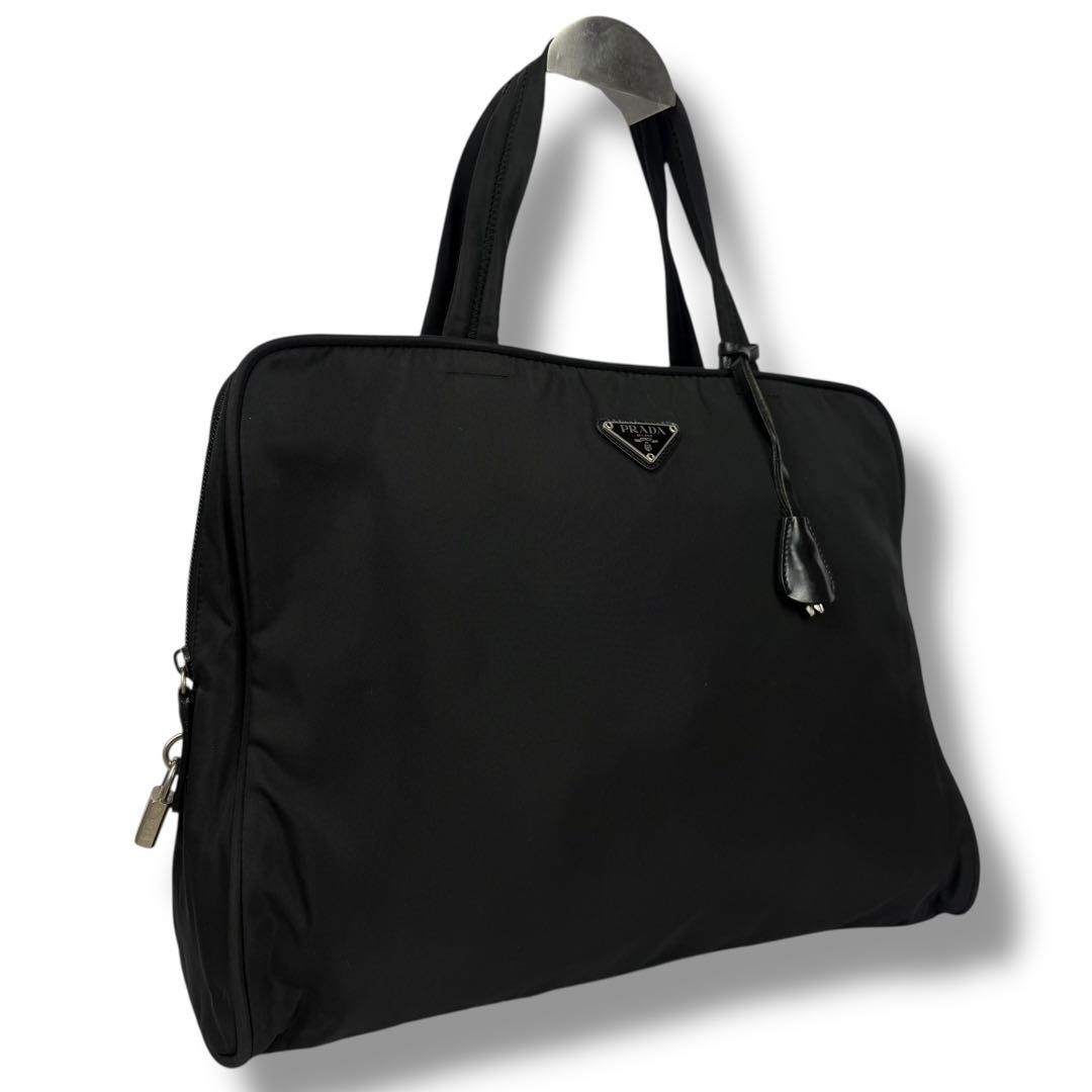 A4 Compatible PRADA Padlock Tote Bag Triangle Logo Black From Japan Prada