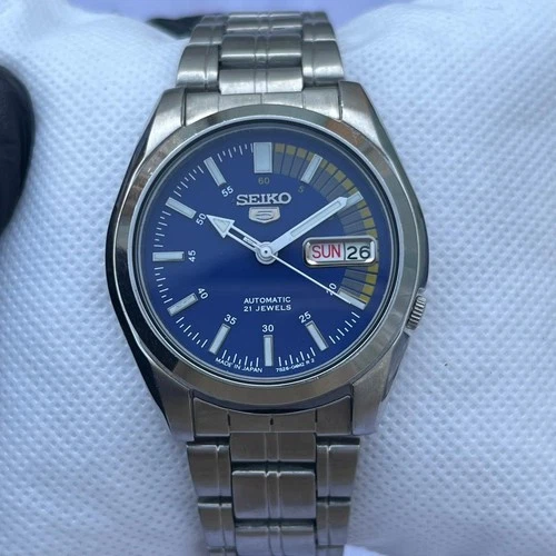 Vintage Seiko 5 21 Jewels Blue Dial Automatic Day/Date Japan Mens Watch