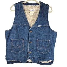 Vtg Wrangler Denim Vest Mens L Blue Sherpa Lined Western Workwear USA Made 80s