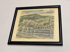 Vintage Etching, Heidelberg Germany, Hand Colored, Framed under Glass, 7 1/2"