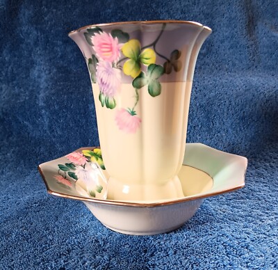 NORITAKE '' M''  In Wreath Japan Clover Vase Octagon Bowl Set 2 Handpainted VTG