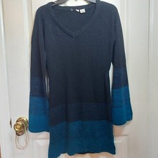 Navy Blue Colorblock Striped Knit V Neck Sweater Dress Bell Sleeve Size M