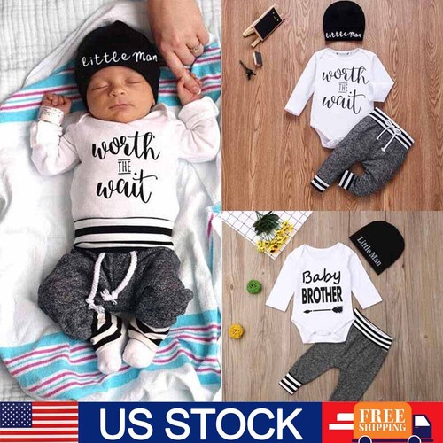 3PCS Set Newborn Kids Baby Boy Romper Tops Shirt + Pants Hat Outfits Clothes