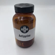 4.75" Merck Antipyrine Antique Amber Apothecary Pharmacy Bottle