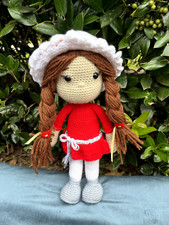 Handmade 15" Crochet Doll - Red Dress, Long Braids  Bonnet - Adorable Amigurumi