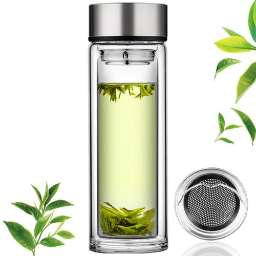 Glass Tea Infuser Bottle Tea Flood Cup 12oz/350ml Double Wall Borosilicate Porta