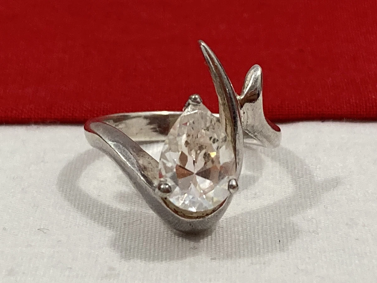 HAN 925 Thailand Signed Sterling Silver Pear CZ Cubic Zirconia