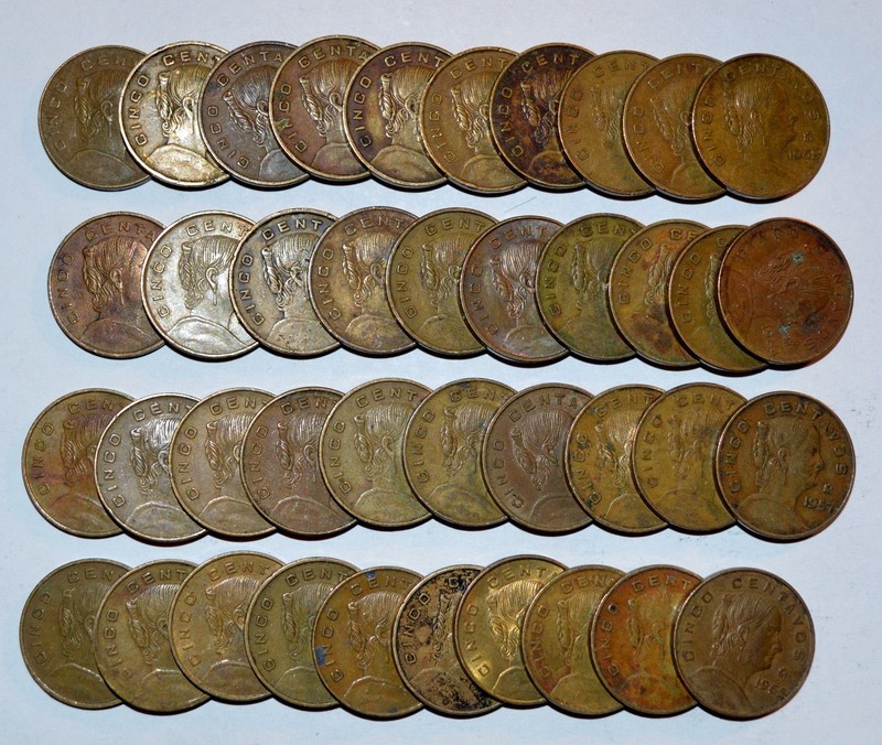 MEXICO lot CINCO CENTAVOS vintage world M foreign Mexican brass 40 COINS