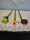 Set of 3 Vintage Murano Style Hand Blown Glass Flowers Long Stem 12”+- Long