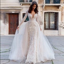Mermaid Wedding Dress Lace Applique O-Neck Long Sleeve Detachable Bridal Gown