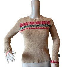 Vintage 70s Tight Knit Sweater Tan Red Floral Hippie Western