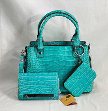 NWT Patricia Nash Croc Embossed Aqua Leather Norcia Satchel  Cametti Wallet SET