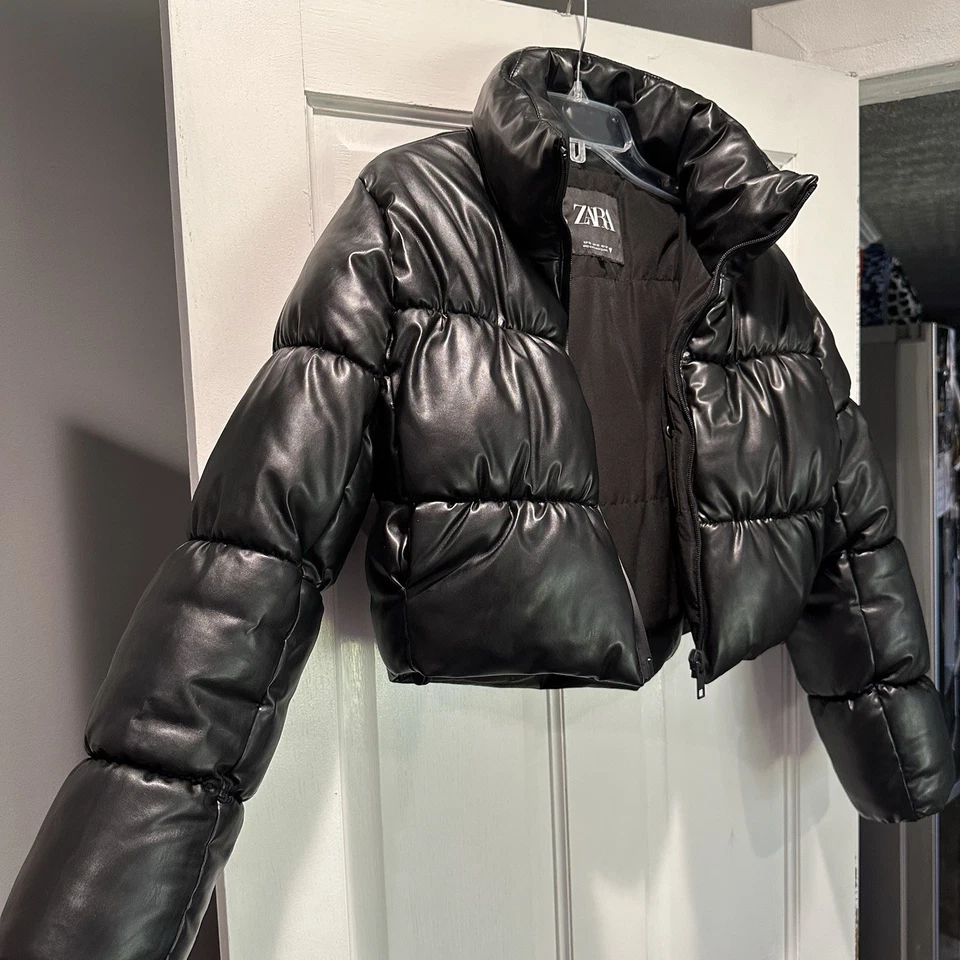 ZARA черный укороченный пуховик куртка TRF размер XS блестящий молнии пузырь зимнее пальто - Изображение 3 из 4