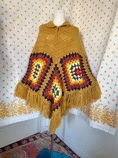 Vintage 1970s Handmade Crochet Poncho Granny Square Fringe Cape Boho OS
