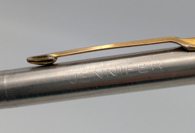 Vtg 90s Parker Jotter Click Pen Engraved JENNIFER Brushed Stainless Gold Trim
