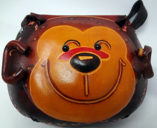 Leather Smiling Monkey Wallet Wristlet Shoulder Bag Clutch Red Brown - Picture 4 of 7