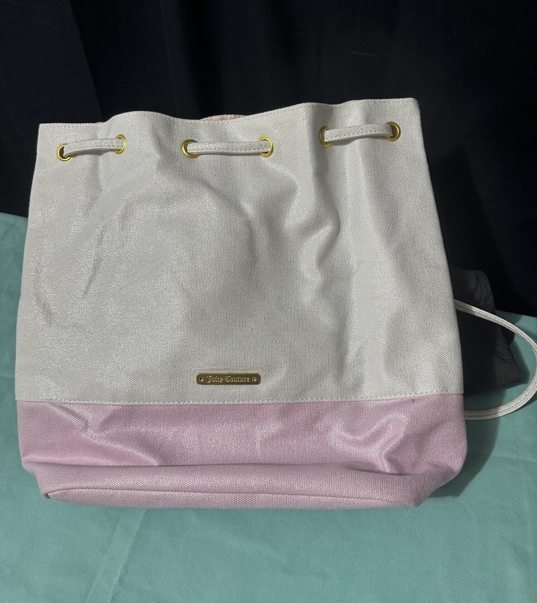 Juicy Couture Drawstring Bucket Bag Backpack Pink & White | eBay display picture 1