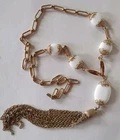Vintage Milkglass Beads & Gold Tone Chain Tassel Lariat Necklace Adjustable Hook