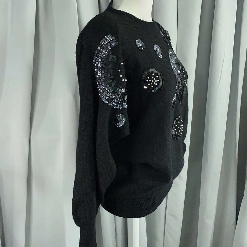 Suéter Carducci Vintage Mujer Grande Negro Lentejuelas Hombreras Años 90 Vacaciones Foto 3 de 4