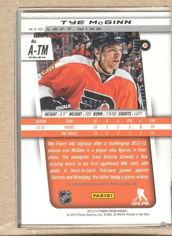 Tye McGinn RC A-TM 2013-14 Panini Prizm Autograph Auto Prizm 30/35 - Image 2 of 2
