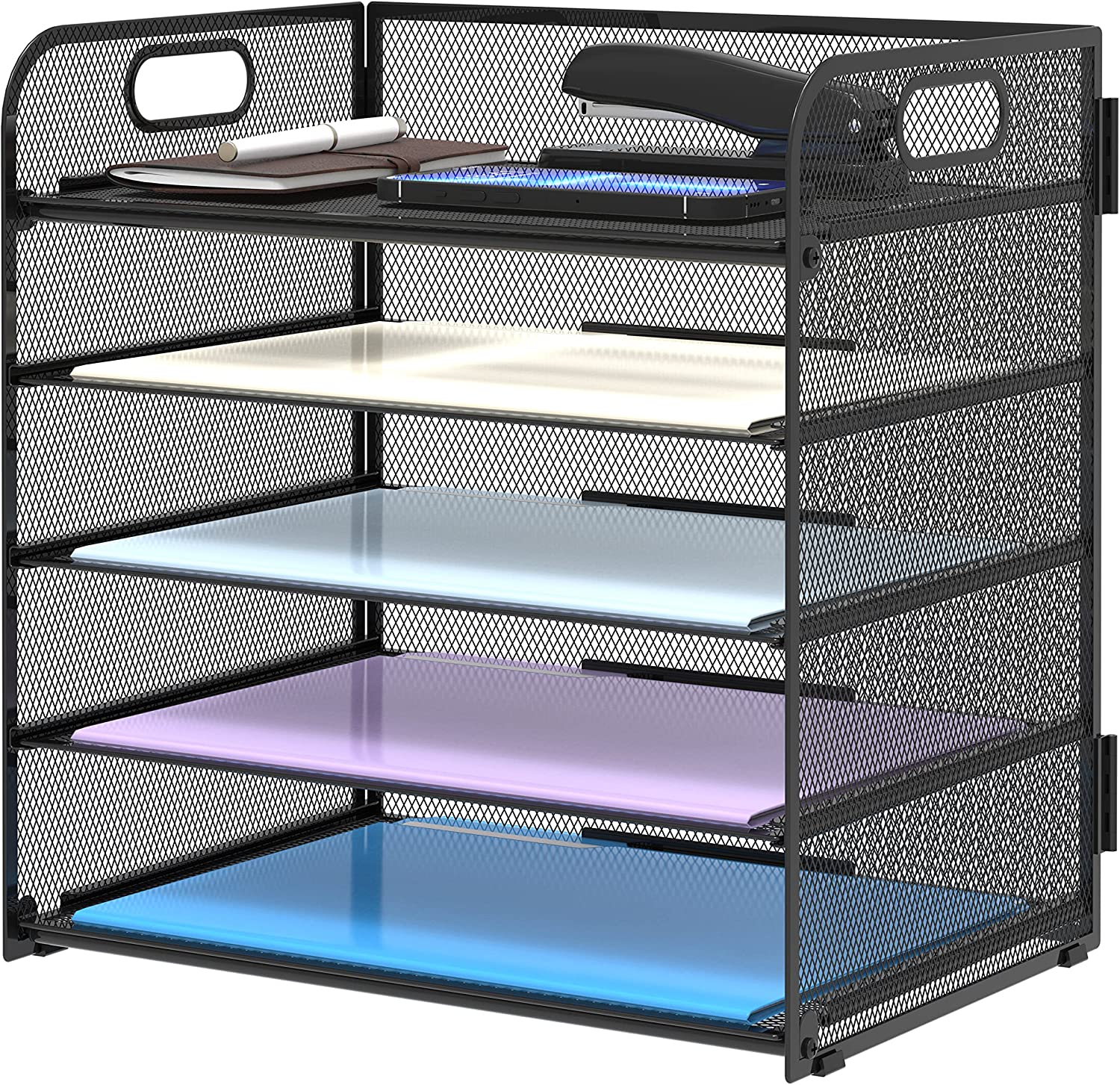 Supeasy 5-Tray Mesh Desk File Organizer with Handle for Paper Storage  -image