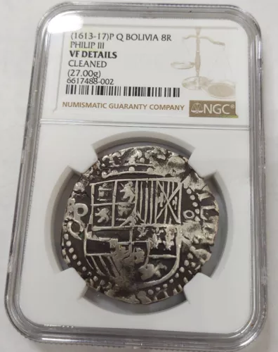 1613-17 P Q 8 Reales Bolivia KING Phillip II! GRADED VF DETAILS BY NGC!
