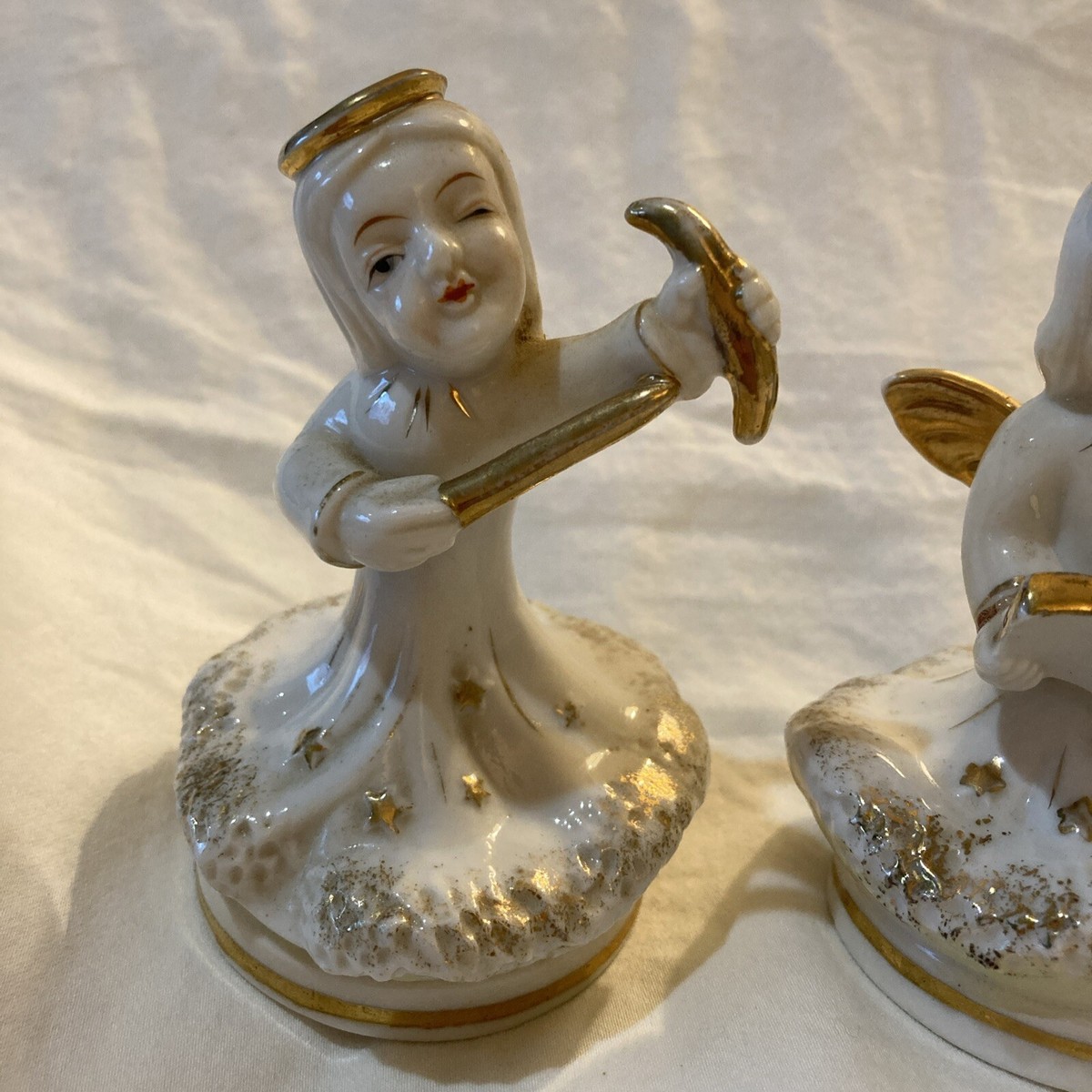 2 Vintage Japan White porcelain Angel Figurines W/Gold Trim