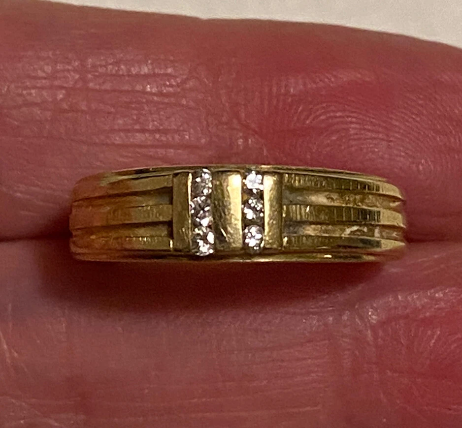 Estate COLUMBIA Ridged 14K Yellow Gold Diamond Wedding Band Ring Set Sz 5 8.75