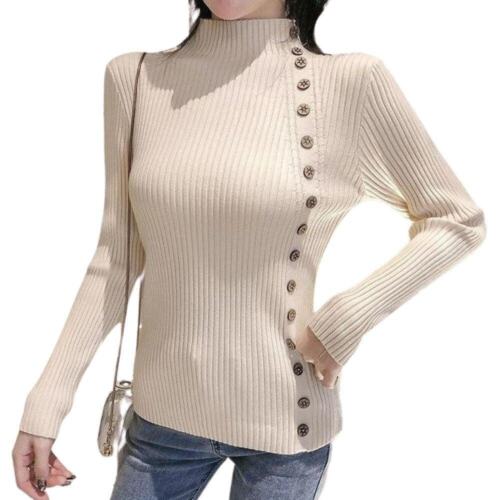 Asymmetric Ribbed Turtleneck Women's Sweater Large Faux Buttons Korean Top Warm - Afbeelding 1 van 30