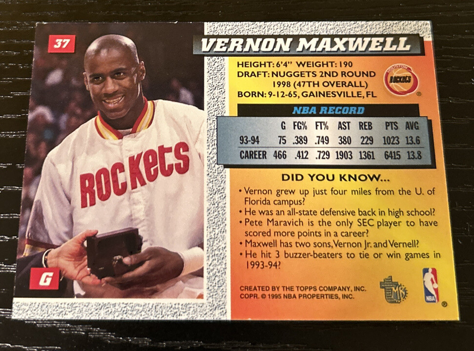 1994-95 Topps Embossed Vernon Maxwell NBA Champion Silver Foil | eBay