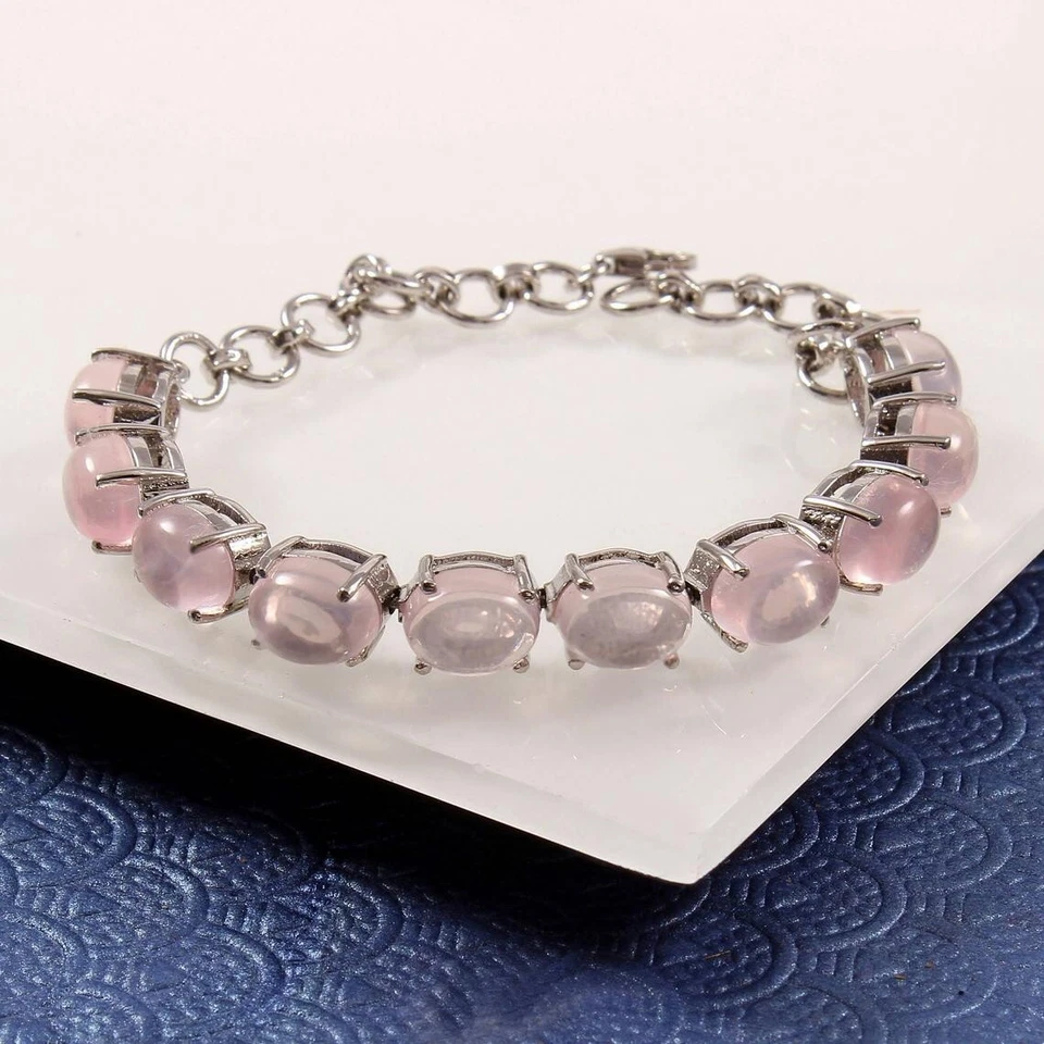 Brazalete Tenis Plata de Ley 925 Piedras Preciosas Ovaladas Cuarzo Rosa Regalo Cumpleaños Foto 4 de 4