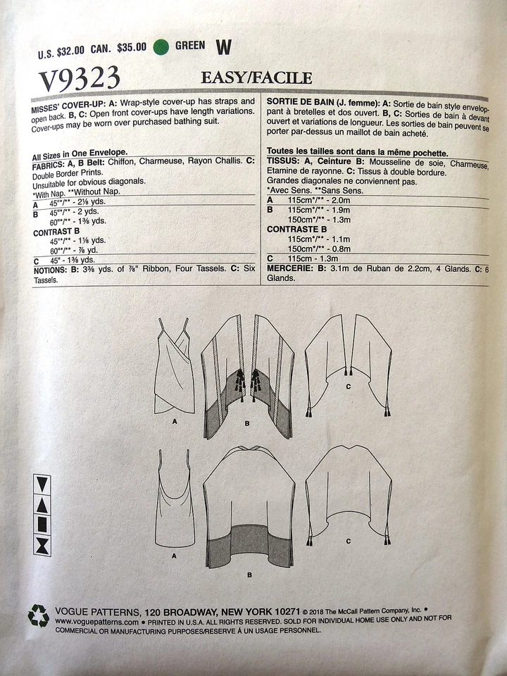 Vogue Sewing Pattern V9323 Misses Kimono Sleeve Wrap Bikini Beach Cover-up Uncut - Image 2 of 4