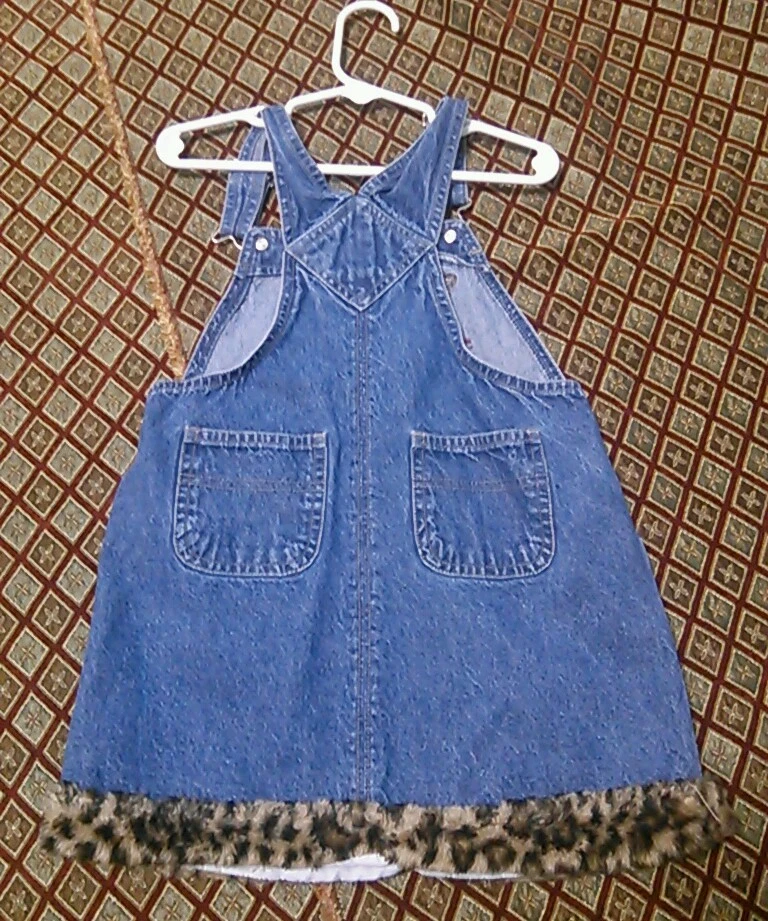 Young Hearts Dress 4T Denim Overalls Jumper Embroiled Cheetah Cat Floral EUC - Image 4 of 4