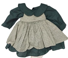 New 19"Holly Berry Print Doll Pinafore Green Dress w/Peter Pan Collar Pantaloons