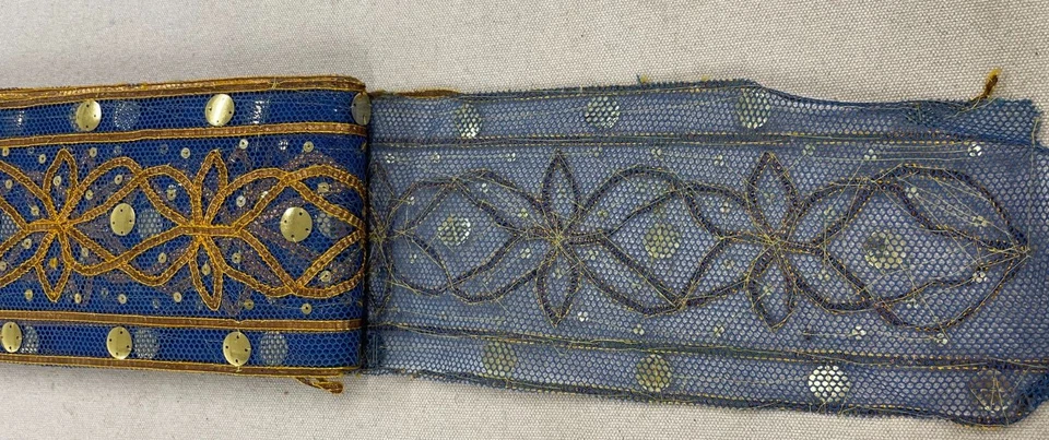 Lantejoulas de costura vintage azul sari borda 8+ jardas bordadas à mão acabamento artesanal renda - Imagem 3 de 4