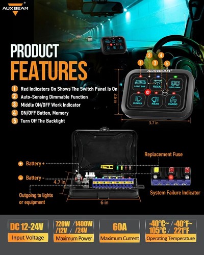 Panel de interruptor Auxbeam RA60 RGB 6 velocidades regulable automáticamente + cubierta de silicona impermeable - Imagen 2 de 12