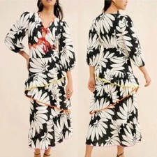 Farm Rio Cutout Tiered Tie Front Colorful Floral Tropical Boho Maxi Dress Small